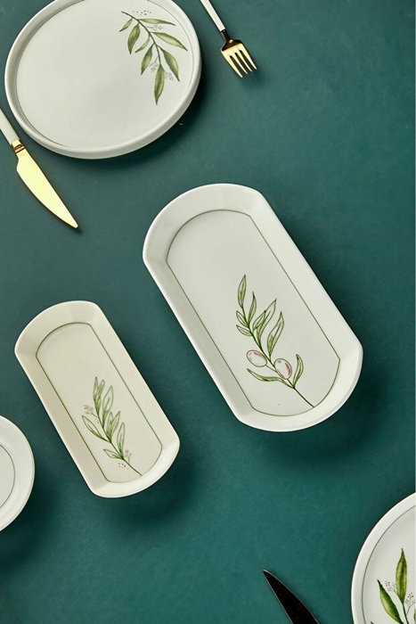 Hermia 14KH Juego de Desayuno de Cerámica 14 Piezas - Blanco, Verde y Verde Claro